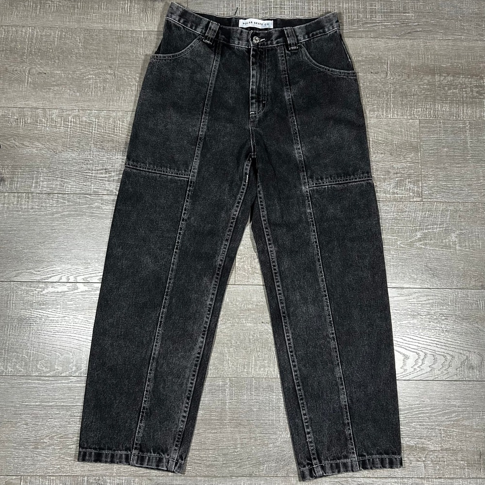 Polar Skate Co Surf Pants Washed Black Denim Wide Leg Paneled Mens 30/32 0510